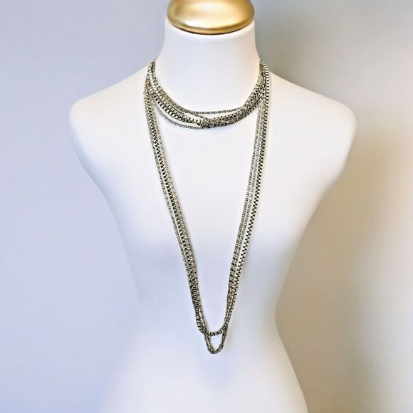 West Germany Necklace Vintage Silver Tone Swirl Box Triple Strand LONG 54" - Picture 1 of 9